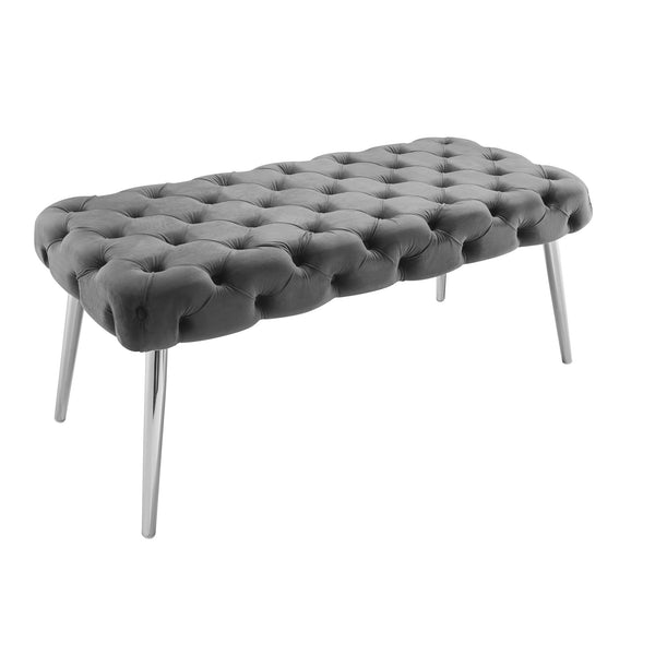 Homeroots 48" Gray And Silver Tufted Velvet Upholstered Bench Grey,Chrome Metal 490970