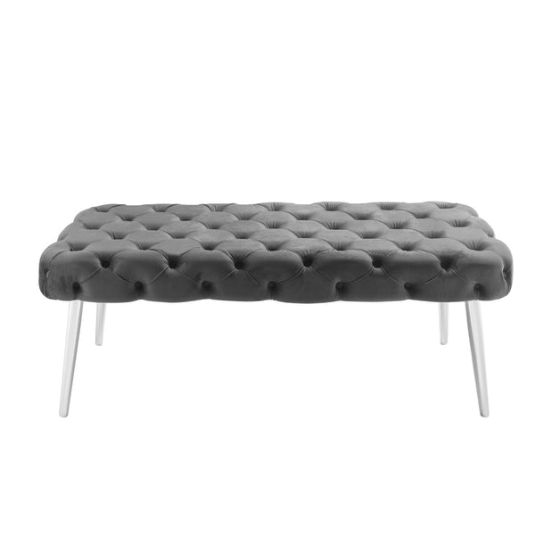 Homeroots 48" Gray And Silver Tufted Velvet Upholstered Bench Grey,Chrome Metal 490970