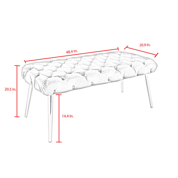 Homeroots 48" Gray And Silver Tufted Velvet Upholstered Bench Grey,Chrome Metal 490970
