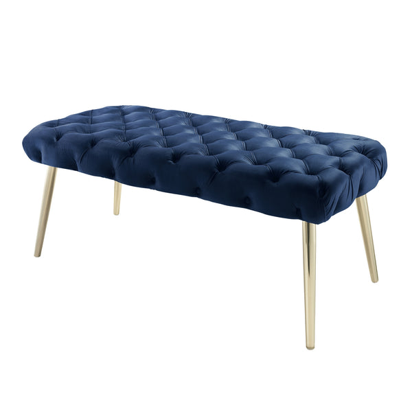 Homeroots 48" Navy Blue And Gold Tufted Velvet Upholstered Bench Navy,Gold Metal 490972