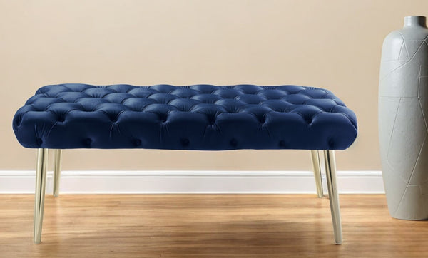 Homeroots 48" Navy Blue And Gold Tufted Velvet Upholstered Bench Navy,Gold Metal 490972
