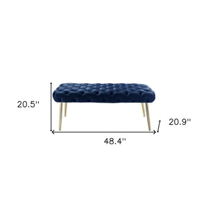 Homeroots 48" Navy Blue And Gold Tufted Velvet Upholstered Bench Navy,Gold Metal 490972