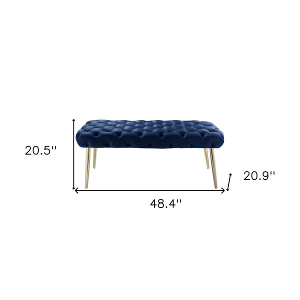 Homeroots 48" Navy Blue And Gold Tufted Velvet Upholstered Bench Navy,Gold Metal 490972