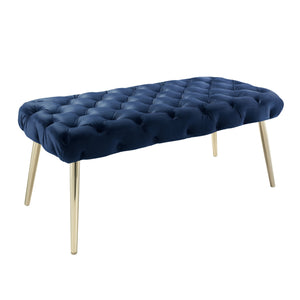Homeroots 48" Navy Blue And Gold Tufted Velvet Upholstered Bench Navy,Gold Metal 490972