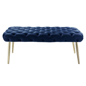 Homeroots 48" Navy Blue And Gold Tufted Velvet Upholstered Bench Navy,Gold Metal 490972