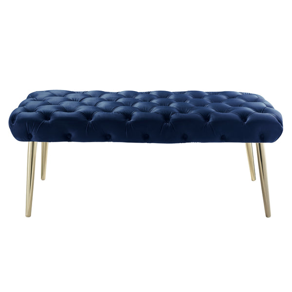 Homeroots 48" Navy Blue And Gold Tufted Velvet Upholstered Bench Navy,Gold Metal 490972