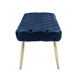 Homeroots 48" Navy Blue And Gold Tufted Velvet Upholstered Bench Navy,Gold Metal 490972