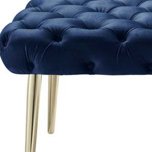 Homeroots 48" Navy Blue And Gold Tufted Velvet Upholstered Bench Navy,Gold Metal 490972