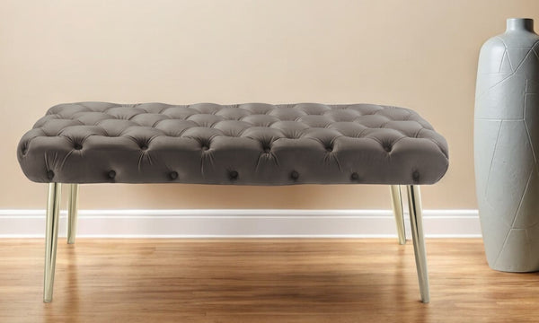 Homeroots 48" Taupe And Gold Tufted Velvet Upholstered Bench Taupe,Gold Metal 490973