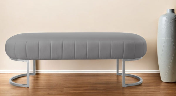 Homeroots 53" Gray And Silver Faux Leather Upholstered Bench Grey,Silver,Leather Pu Metal 490974