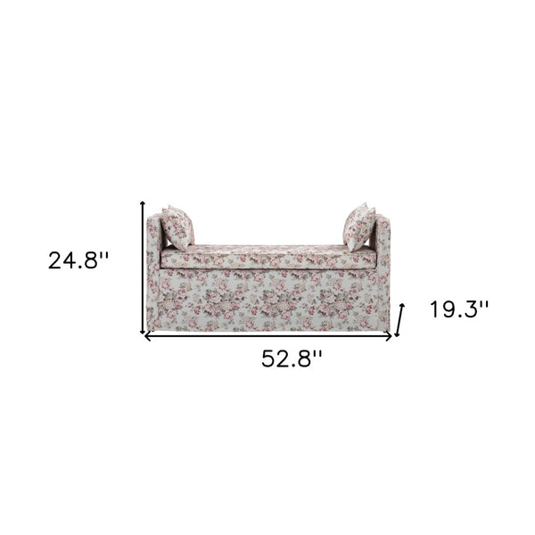 HomeRoots 53" Elegant Floral Upholstered Bench - Versatile Seating for Bedroom, Entryway, or Living Room Decor Cluster Red 490976