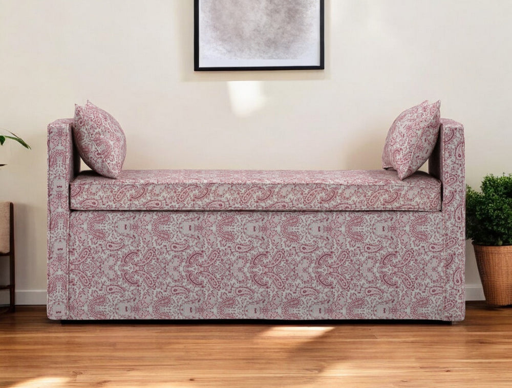 Homeroots 53" Red And Ivory Upholstered Linen Paisley Bench Paisley Red Solid And Manufactured Wood 490982