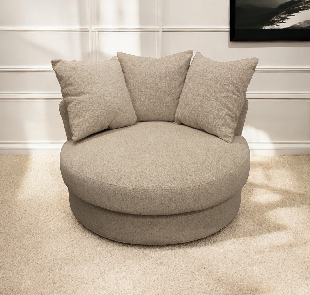 Homeroots 44" Sand Linen Upholstered Swivel Round Accent Chair And Toss Pillows   490984