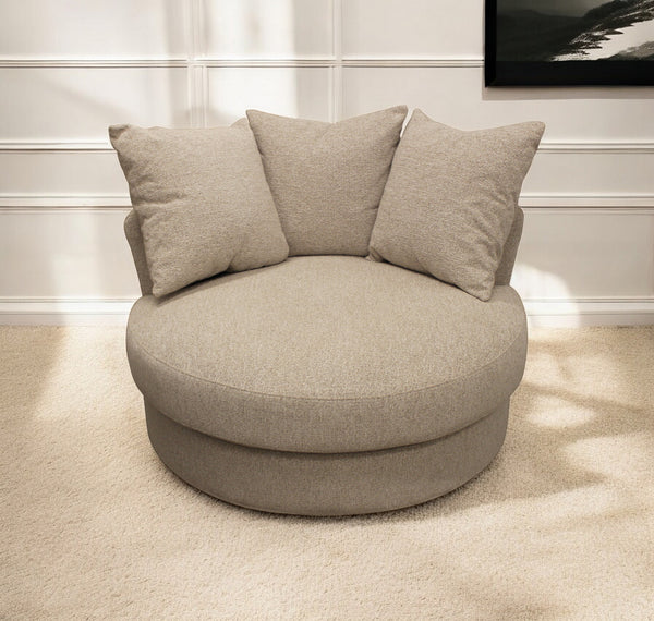 Homeroots 44" Sand Linen Upholstered Swivel Round Accent Chair And Toss Pillows   490984