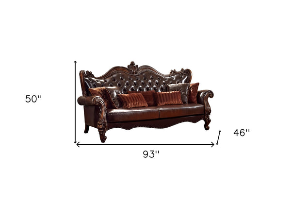 Homeroots 93" Brown Faux Leather Sofa And Toss Pillows With Burgundy Legs   490988