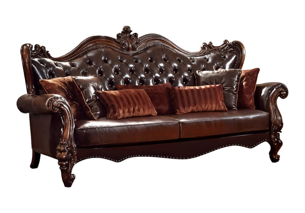 Homeroots 93" Brown Faux Leather Sofa And Toss Pillows With Burgundy Legs   490988