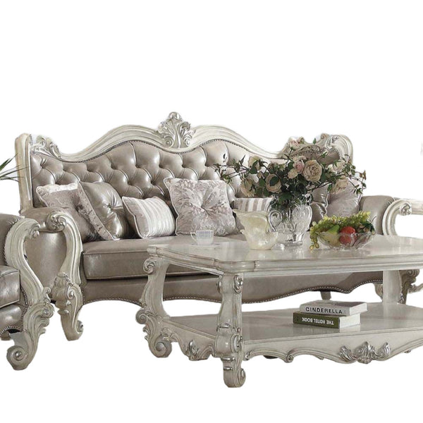 Homeroots 90" Gray Faux Leather Curved Sofa And Toss Pillows With Bone Legs   490989