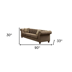 Homeroots 90" Brown Linen Chesterfield Sofa And Toss Pillows   490991