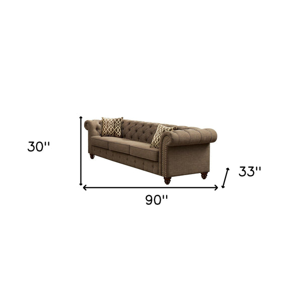 Homeroots 90" Brown Linen Chesterfield Sofa And Toss Pillows   490991
