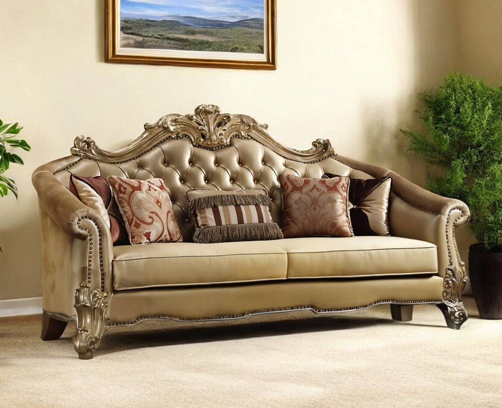 Homeroots 89" Bone Faux Leather Sofa And Toss Pillows With Gold Legs   490995