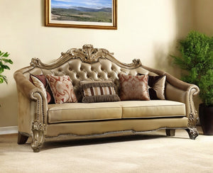 Homeroots 89" Bone Faux Leather Sofa And Toss Pillows With Gold Legs   490995