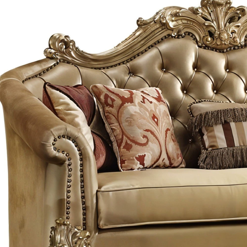 HomeRoots 89" Bone Faux Leather Sofa with Gold Legs & 5 Toss Pillows - Elegant, Durable Comfort for Any Space 490995