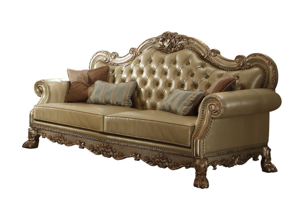 HomeRoots 85" Bone Faux Leather Sofa with Toss Pillows - Elegant Carved Design, Comfortable Seating for 3 490997