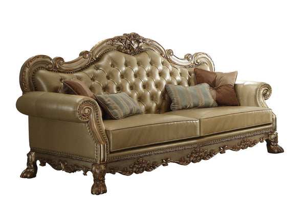 HomeRoots 85" Bone Faux Leather Sofa with Toss Pillows - Elegant Carved Design, Comfortable Seating for 3 490997