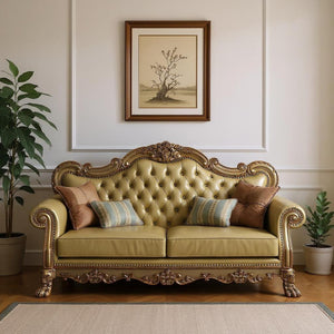 HomeRoots 85" Bone Faux Leather Sofa with Toss Pillows - Elegant Carved Design, Comfortable Seating for 3 490997