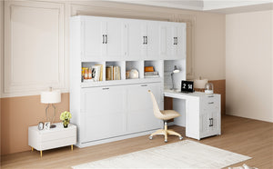 English Elm Twin Murphy Wall Bed with Integrated Closet Drawers and Desk for Studio Spaces White LP000595AAK-2