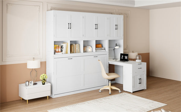 English Elm Twin Murphy Wall Bed with Integrated Closet Drawers and Desk for Studio Spaces White LP000595AAK-2