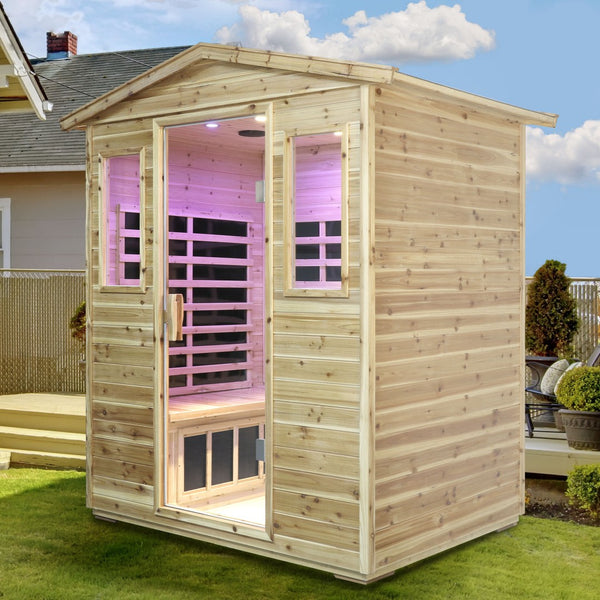 English Elm Four Person Outdoor Infrared Sauna with Solid Fir Wood Bluetooth Audio Low Emf Panels W632S00032