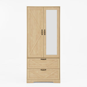 English Elm 2 Door Wardrobe Closet with Full Length Mirror Motion Light Hanging Rod and Drawers Natural W409P266780