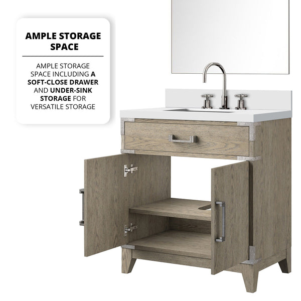 English Elm Grey Oak Single Bath Vanity with White Quartz Top, 30" W, Mirror & Chrome Faucet Set, Durable Finish B2731S02006