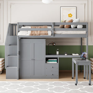 English Elm Queen Murphy Bed with Integrated Desk Cabinet Shelves Space Saving Studio Solution Gray N708S00013E