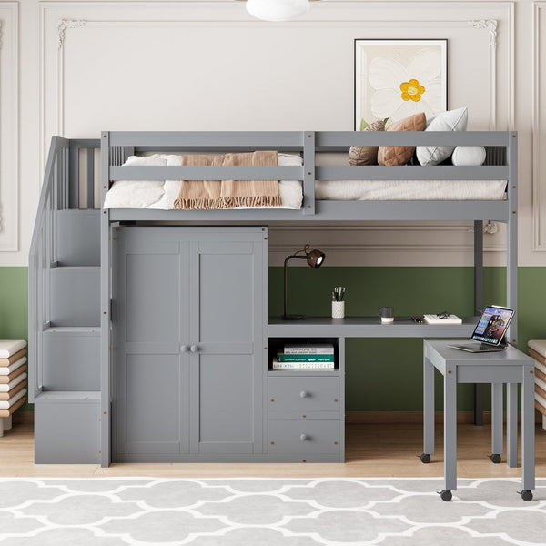 English Elm Queen Murphy Bed with Integrated Desk Cabinet Shelves Space Saving Studio Solution Gray N708S00013E