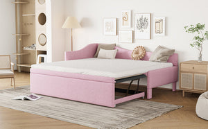 English Elm Twin L-shaped Linen Upholstered Daybed with Hydraulic Pop-up Trundle for Guest Rooms Pink SF000193AAH-1
