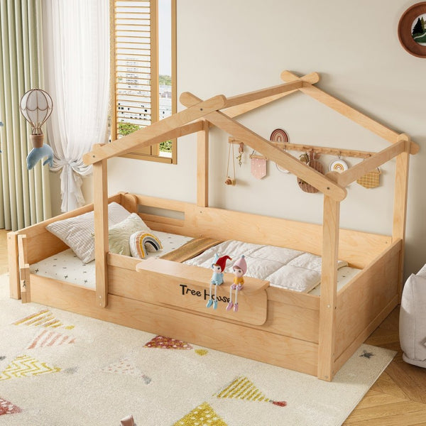 English Elm Twin Low Loft Bed Solid Pine Frame with Built-in Led Lighting and Storage Shelves Natural W1580P396331