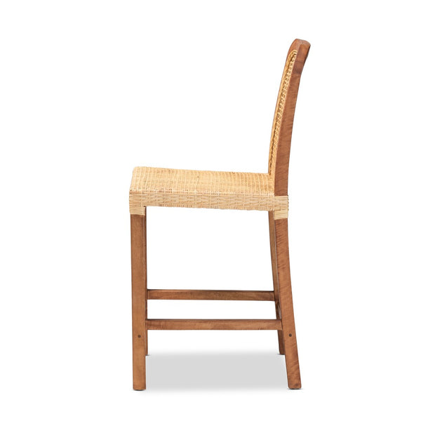 English Elm Mid-century Modern Mahogany Wood Counter Stool with Woven Rattan Back Panel B2750P470061