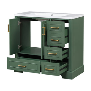English Elm 36-inch Green Traditional Bathroom Vanity with Resin Sink, 2 Doors 4 Drawers, Gold Handles, Soft-Close hinges, 36"W x 18"D x 34"H SV000026AAF