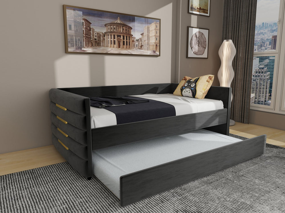 English Elm MODERN Twin Daybed with Trundle in Black Velvet Upholstery, Gold Accents, Space-Saving Guest Bed W1867S00012