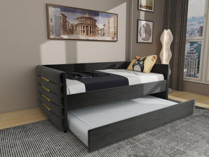 English Elm MODERN Twin Daybed with Trundle in Black Velvet Upholstery, Gold Accents, Space-Saving Guest Bed W1867S00012