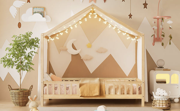 English Elm Montessori House Bed Frame Twin with Canopy & Full Guardrails, Cozy Kids Platform Bed for Toddlers Natural 81.5 L x 16 W x 6.6 H N733P356043M