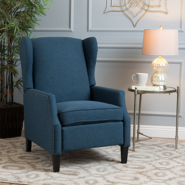 English Elm Christopher Knight Home® - Pushback Recliner Chair with Nailhead Trim and Wingback Design, Plush Fabric Comfort for Living Rooms Navy Blue 60760.00DBL