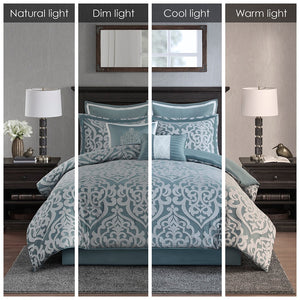 English Elm 8 Piece Jacquard Comforter Set - Luxurious Aqua/Silver Cal King Ensemble For Year-Round Elegance B035128884