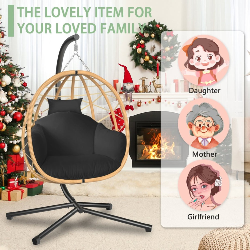English Elm Hanging Rattan Nest Egg Chair with Stand Uv Resistant Cushion Patio Bedroom Lounge T5880P494883
