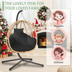 English Elm Hanging Rattan Nest Egg Chair with Stand Uv Resistant Cushion Patio Bedroom Lounge T5880P494883