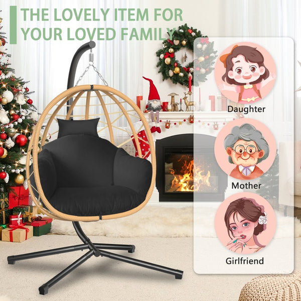 English Elm Hanging Rattan Nest Egg Chair with Stand Uv Resistant Cushion Patio Bedroom Lounge T5880P494883