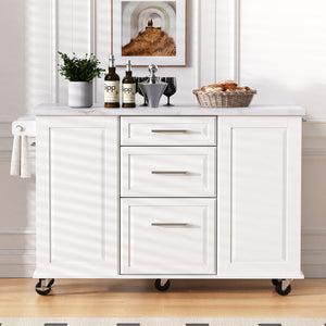 English Elm K&K Vintage Convex Kitchen Island Cart with Faux Marble Top, Tilt Trash, Pull-Out Organizer, Wheels White N707P299008W