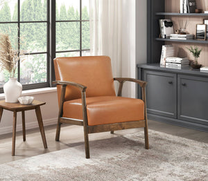 English Elm Brown Faux Leather Accent Chair with Cushion, Solid Rubberwood Frame, Modern Living Room Seat B011P287483